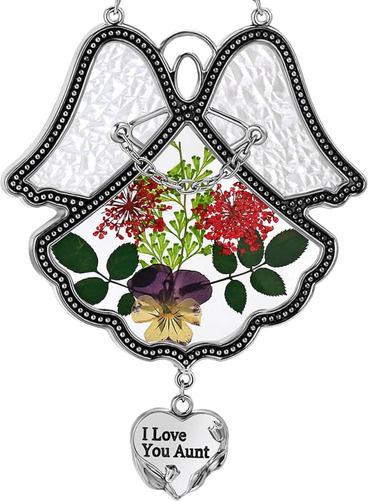KY&BOSAM Angel Suncatcher I Love You Aunt Stained Glass Panels Suncatchers for Windows Wind Chime with Pressed Flower Glass and Metal Heart Charm Birthdays Gifts for Aunt Mothers Day Garden Decor