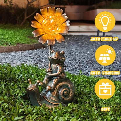 Solar Powered Frog on Snail Sculpture with Iron Flower & Glass Ball, Outdoor Garden Accent