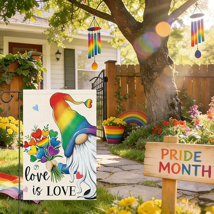 Heyfibro Rainbow Gnome Love is Love Pride Garden Flag 12x18 Double Sided Burlap, Pride Month Heart Bouquet Yard Sign for Gay Lesbian LGBTQ Outdoor Decoration (ONLY FLAG)