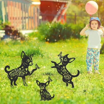 Garden Decor for Outside - 3 Pcs Chihuahua Statue Metal Yard Stakes Waterproof Black Animal Silhouette Ornaments Patio Lawn Pathway Backyard Decorations Cute Birthday Gifts for Dog Lover