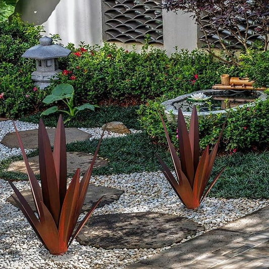 2 PCS Metal Agave Sculpture Decoration, Vintage Country Hand-Painted Sculpture DIY Metal Agave Plant, Home Garden Courtyard Lawn Outdoor Decoration (2pcs-red)