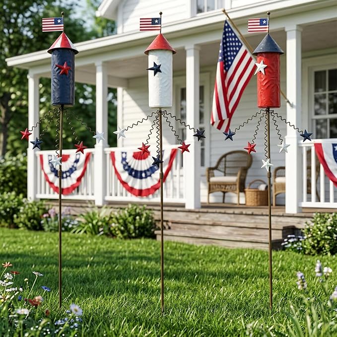 3 Pack Patriotic 4th of July Decorations Outdoor,23.6” Metal Americana Firework Decorative Garden Stakes for Independence Day Garden Decor, 3D Red White Blue Yard Signs for Lawn Porch