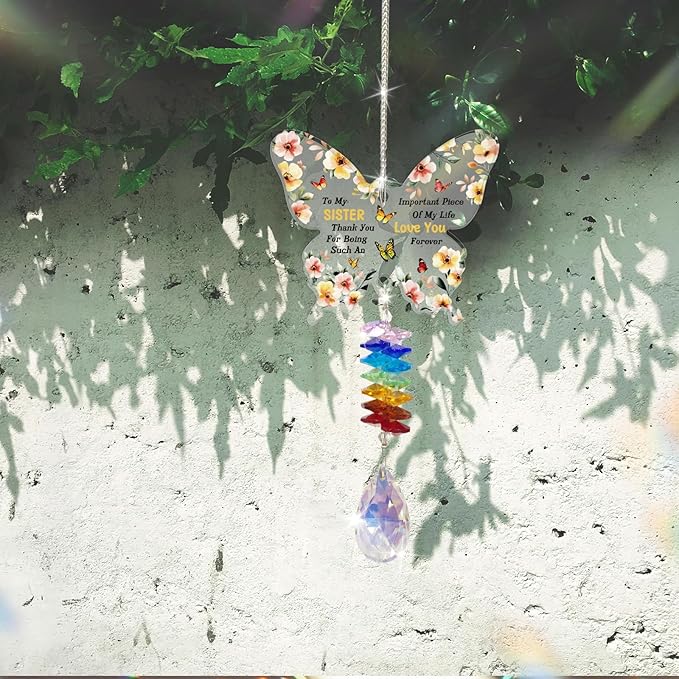 GLOBLELAND Flowers Crystal Suncatcher Gifts for Sisters Butterfly-Shaped Crystal Suncatcher Hanging Ornament Birthday Graduation Anniversary Presents for Sister Bestie Good Friends