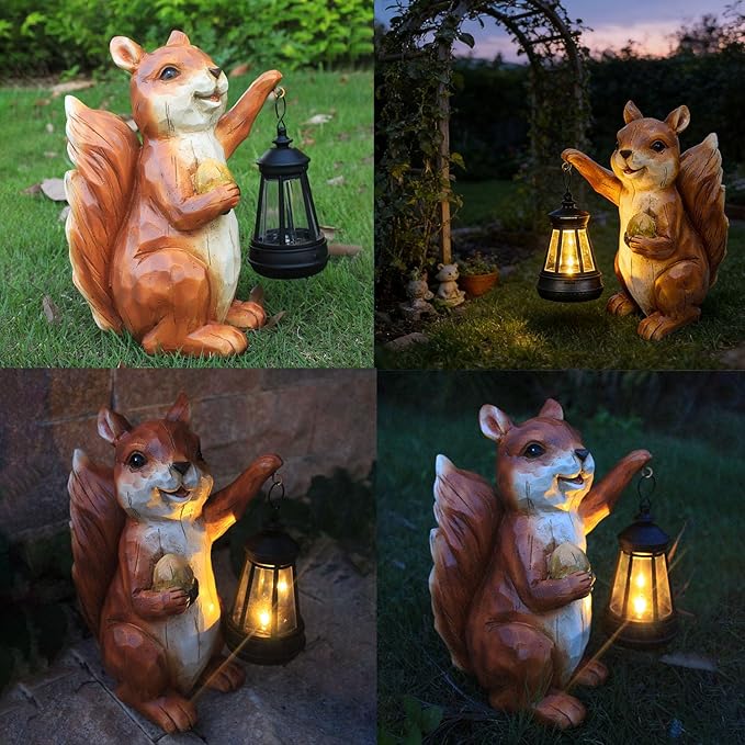 Garden Statue Outdoor,Solar Squirrel Decor Lights,Resin Figurine Squirrel with Solar Light for Patio,Balcony,Yard,Lawn Ornament,Perfect Garden Gift(Squirrel 1)