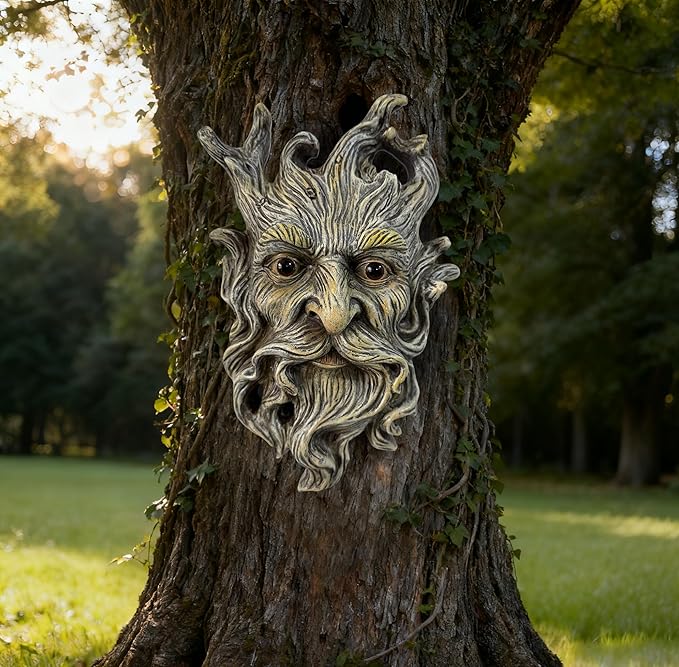Whimsical Tree Face Garden Statues Outdoor Decor – Funny Old Man Tree Hugger Wall Sculpture with Mustache, Fairy Art Fence Hanging Resin Ornament, Outdoor Wall Mounted Sculpture for Patio Lawn & Home