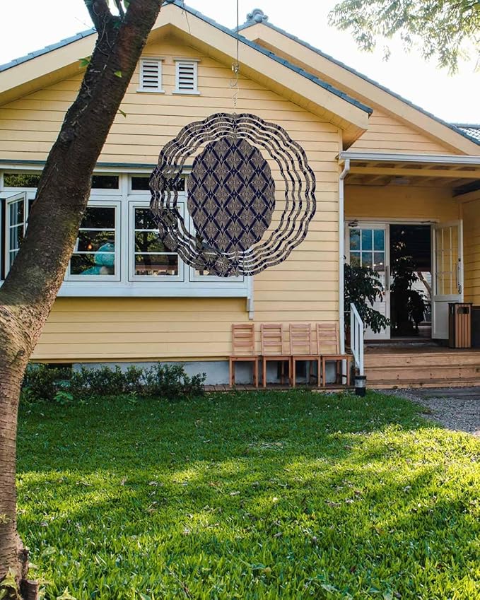 Stainless Steel Wind Spinner for Yard Garden Decoration, Navy Gold Geo Pattern Round Wind Sculpture Spinner 3D Crafts Hanging Ornaments for Indoor Outdoor, 8 Inch