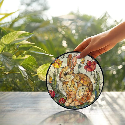 Easter Bunny Flower Suncatcher Stained Glass Window Hanging, Rabbit Floral Sun Catchers Indoor Window Glass Wall Art Decor, Easter Bunny Wall Hanging Decor Decorations, 7.9x7.9 Inch