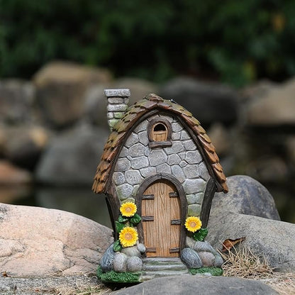 Zayton Garden House Statues Outdoor with Light Yard Resin Decoration Gift Handmade Housewarming Gift for Patio Yard Lawn Waterproof Cracking
