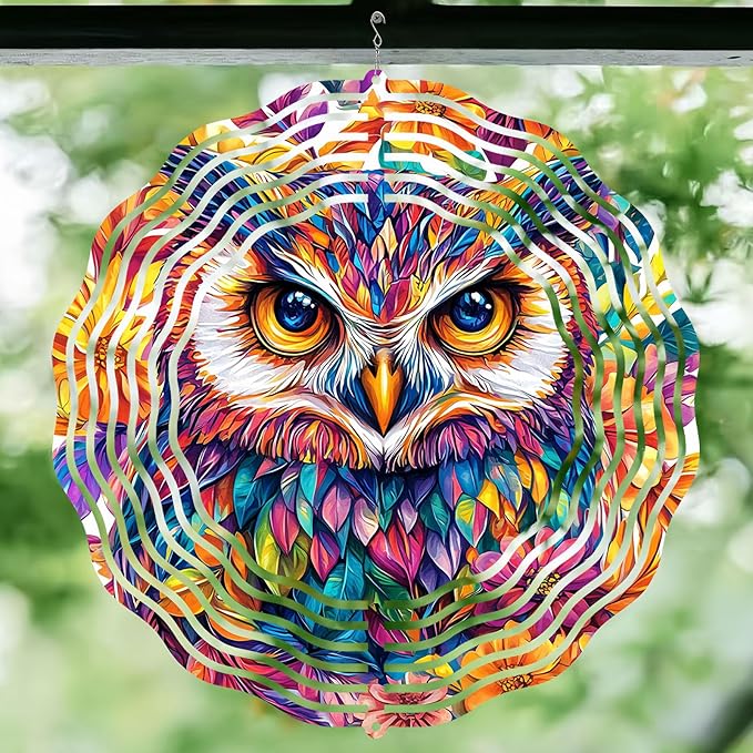 10 Inch 3D Owl Wind Spinner, Laser Cut Metal Hanger Kinetic Wind Rustproof Sculpture for Garden Yard Art Lawn Balcony Window Porch Outdoor Indoor Decor
