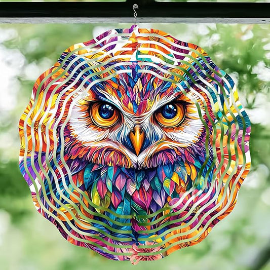 10 Inch 3D Owl Wind Spinner, Laser Cut Metal Hanger Kinetic Wind Rustproof Sculpture for Garden Yard Art Lawn Balcony Window Porch Outdoor Indoor Decor