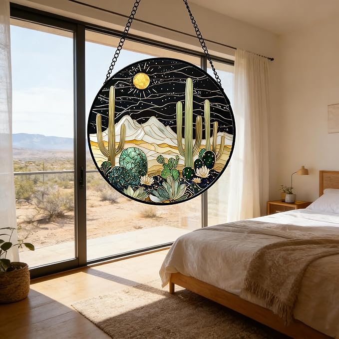 DASTOLL Stained Glass Window Hanging, Black and White Golden Cactus Nature Suncatcher for Doors Window Home Starry Sky Sun Catchers Decor Mother's Day Birthday Gifts for Women, Men Mom 15 in