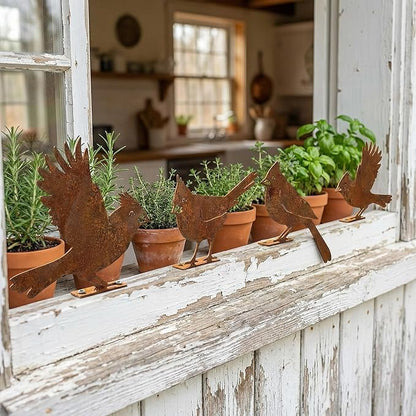 5PCS Rusty Metal Cardinal Silhouettes Outdoor Garden Statues, Rustic Bird Yard Art for Fence Patio, Spring Garden Ornaments (Vintage Rusted Finish, Not Defects)