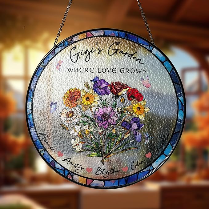 NAZENTI Custom Family Birth Flowers Glass Suncatcher, Personalized Stained Glass Window Hanging Suncatcher with Kids Name, Gifts for Mother's Day, Personalized Gigi Flower Garden