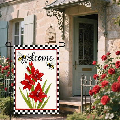 IVN Welcome Garden Flag 12x18 Inch Double Sided Spring Summer Garden Yard Flags Red Amaryllis Flowers Bees Decorative Small Flags for Outdoor Seasonal Front Door Lawn Porch Patio Decor Yard Flag