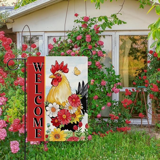 Dyrenson Welcome Spring Summer Rooster Decorative Garden Flag, Farm Animal Daisy Flower Red Yard Outside Home Decoration, Farmhouse Butterfly Burlap Outdoor Small Decor Double Sided 12 x 18