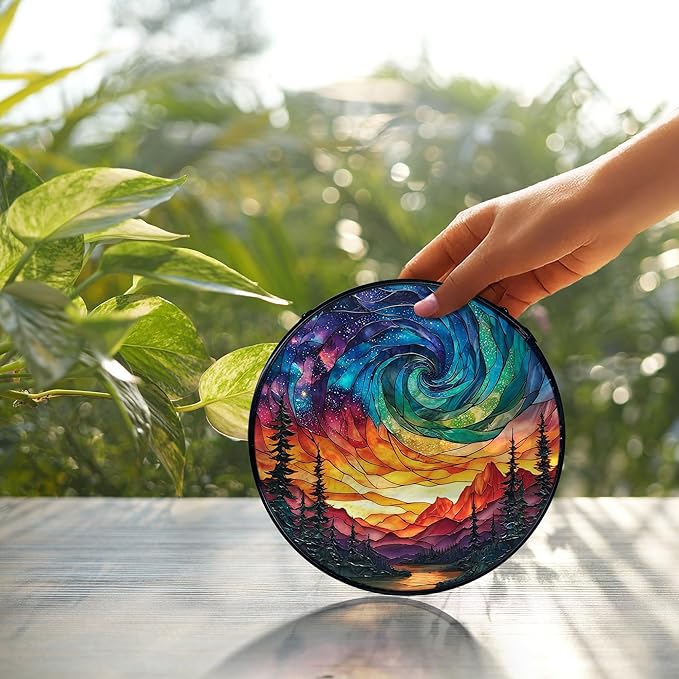Northern Lights Suncatcher Stained Glass Window Hanging, Nature Mountain Aurora Borealis Sun Catchers Indoor Window Glass Wall Art Decor, Nature Wall Hanging Decor, 7.9x7.9 Inch 036-MH-BLGH