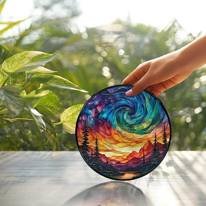 Northern Lights Suncatcher Stained Glass Window Hanging, Nature Mountain Aurora Borealis Sun Catchers Indoor Window Glass Wall Art Decor, Nature Wall Hanging Decor, 7.9x7.9 Inch 036-MH-BLGH