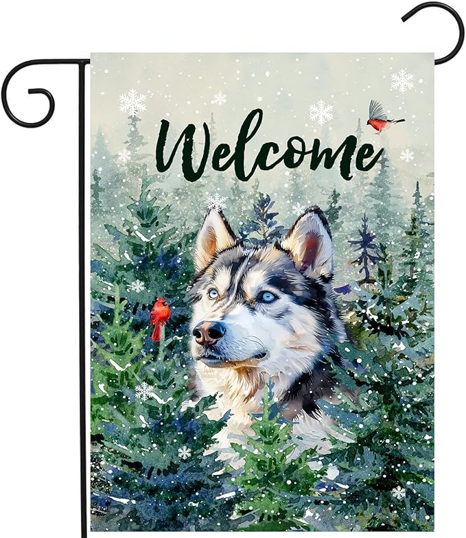 Welcome Winter Garden Flags Husky Garden Flag Cardinal Birds on Snowy Pine Tree Flag Dog Yard Flags for Outside 12x18 Double Sided Christmas Decorative