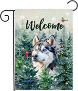 Welcome Winter Garden Flags Husky Garden Flag Cardinal Birds on Snowy Pine Tree Flag Dog Yard Flags for Outside 12x18 Double Sided Christmas Decorative