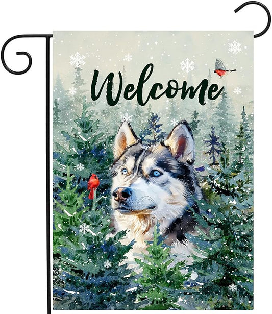 Welcome Winter Garden Flags Husky Garden Flag Cardinal Birds on Snowy Pine Tree Flag Dog Yard Flags for Outside 12x18 Double Sided Christmas Decorative