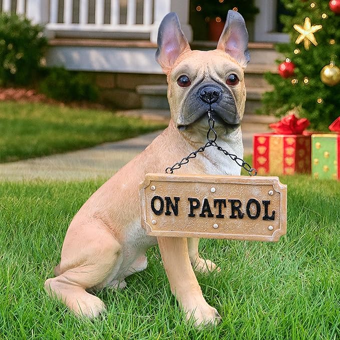 Elegant French Bulldog Dog Sculpture with Solar Lantern & Double-Sided 'On Patrol' & 'Welcome' Signposts – Premium Resin Statue for Outdoor Garden, Patio, Yard Decoration