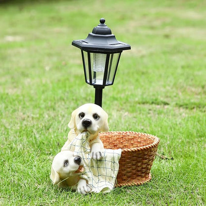 Solar Garden Outdoor Decor Statues Labrador Puppies Playing in Basket with Light,Outside-Outdoor Decorations Sculptures for Patio Yard Lawn Walkway Ornaments Gifts for Mom Grandma Birthday
