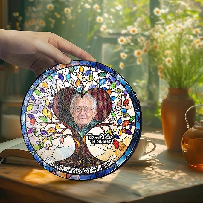 NAZENTI Custom Memorial Photo Gift for Grandpa, Keepsake and Remembrance, Sympathy in Memory of Loved One Gifts, I'm Always with You Gifts Sympathy Personalized Stained Glass Window Hanging
