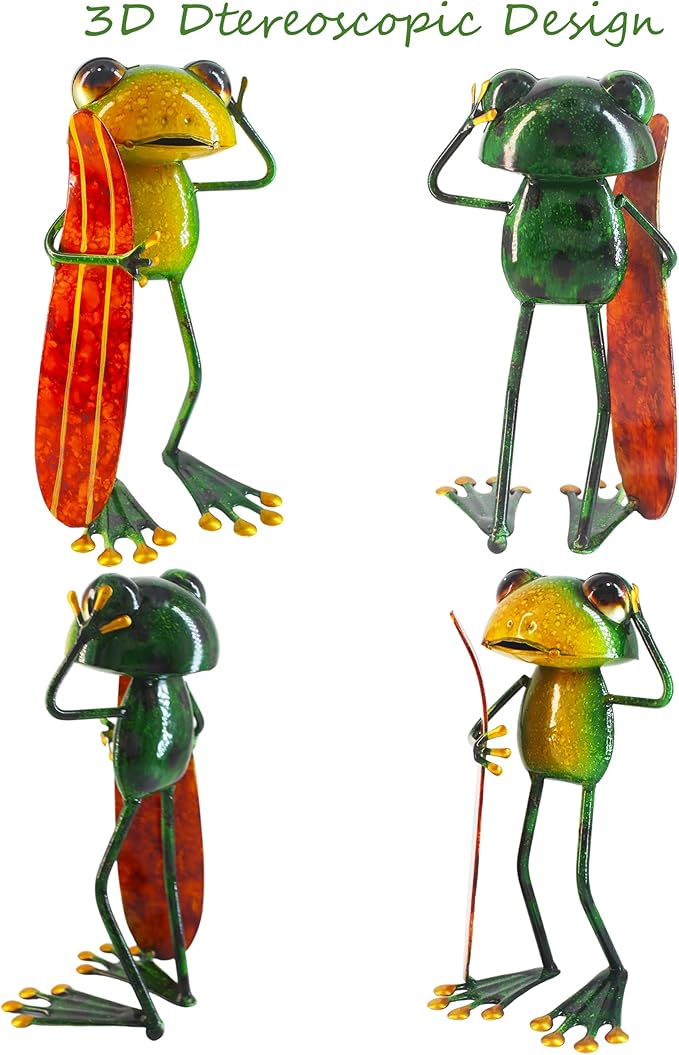 Frog Metal Garden Decor Yard Art Frog Decor with Skateboard, 3D Stereo Hand-Painted Decoration for Outdoor Garden Patio Plant Porch Poolside, Indoor Living Room Bedroom Shelf Ornament 9.5'' Height