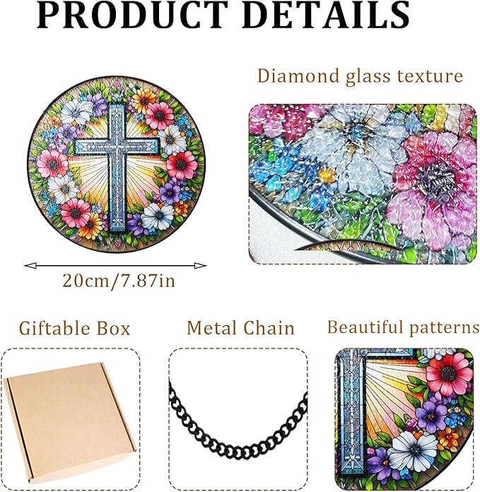 Cross Flower Suncatcher Stained Glass Window Hanging, Christian Wildflower Sunset Landscape Sun Catchers Indoor Window Glass Round Wall Decor, Religious Wall Art Hanging Decorations Statues