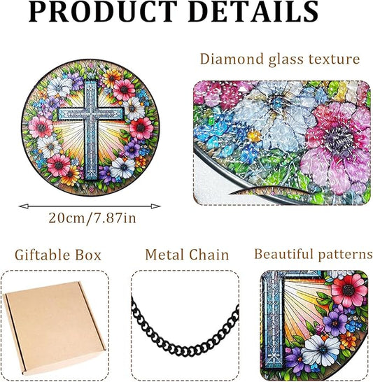 Cross Flower Suncatcher Stained Glass Window Hanging, Christian Wildflower Sunset Landscape Sun Catchers Indoor Window Glass Round Wall Decor, Religious Wall Art Hanging Decorations Statues