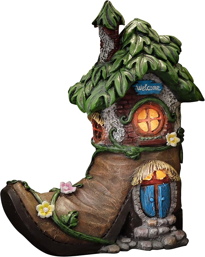 TERESA'S COLLECTIONS Boot Fairy House Garden Statues with Solar Outdoor Light, Resin Fairy Garden Accessories Outdoor Christmas Decorations Lawn Ornaments Yard Decor Thanksgiving Gifts for Mom, 8.5"
