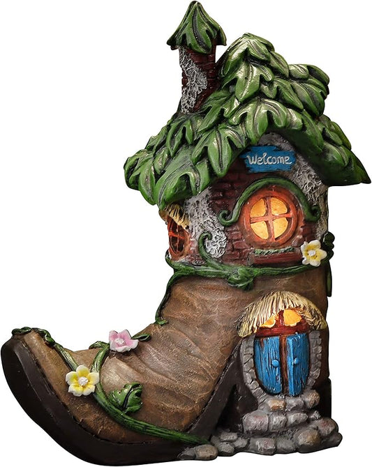 TERESA'S COLLECTIONS Boot Fairy House Garden Statues with Solar Outdoor Light, Resin Fairy Garden Accessories Outdoor Christmas Decorations Lawn Ornaments Yard Decor Thanksgiving Gifts for Mom, 8.5"