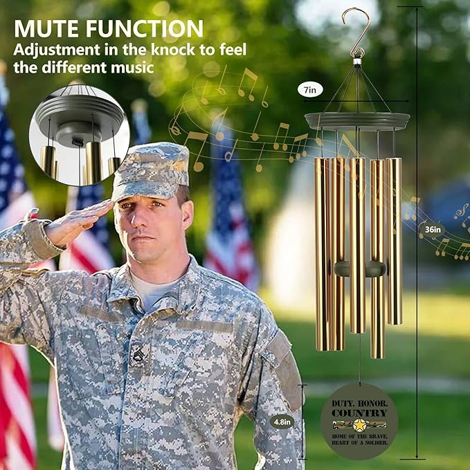 Deep Tone Wind Chimes for Army Soldiers Memory Gifts, Personalized Name/Date/Text Wind Chimes for US Military, Sympathy Gifts for Veteran, Veterans Day Gift(Produced in USA)