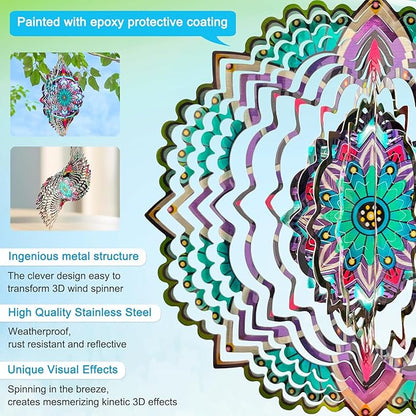 Goolyrusim Wind Spinner Mandala Jasmine, 12Inch Laser Cut Stainless Steel Wind Spinners, 3D Hanging Wind Sculptures for Yard and Garden Decoration Outdoor Decor Ornament, Mandala Gifts for Women Men