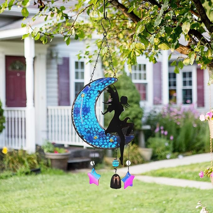 Memorial Wind Chimes Solar Hanging Glass Moon Lights Metal Fairy Angel Outdoor Wind Chimes for Mom Loved One Gifts