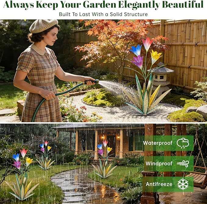 TOMBABY 32.28 Inch Metal Agave Plant Outdoor Decoration Lily Mexican Yard Art Garden Gift Home Decor Hand Painted Metal Agave Garden Yard Statue (2, Grass Green)
