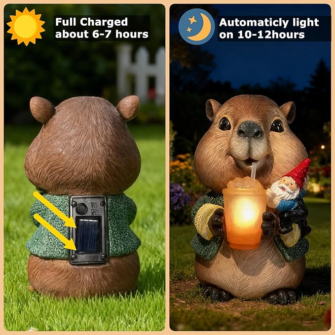 Solar Capybara Garden Gnome Statue,Outdoor Chipmunk Decor with Glowing Cup,Gnomes Figurine for Patio Yard Lawn,Christmas Housewarming Gifts for Mom,Women,Grandma