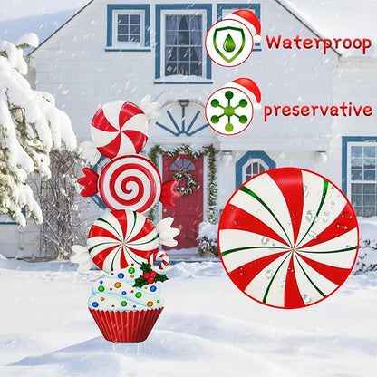 3 Pack Metal Christmas Yard Signs Decor for Multiple Stacked,Voumsil Christmas Yard Stakes with Candy Fall Yard Decor for Outside Garden Yard Lawn Porch