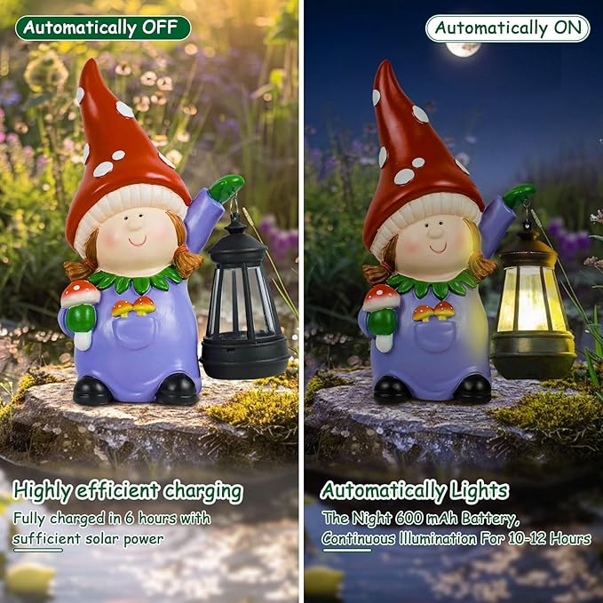RICHIE Gnome Statue Garden Ornaments Art Outdoor Decoration with Solar Powered LED Lights Decor for Patio,Balcony,Yard, Mum Birthday Gifts, Garden Gifts for Women, Chrismtas Gifts for Mom Grandma