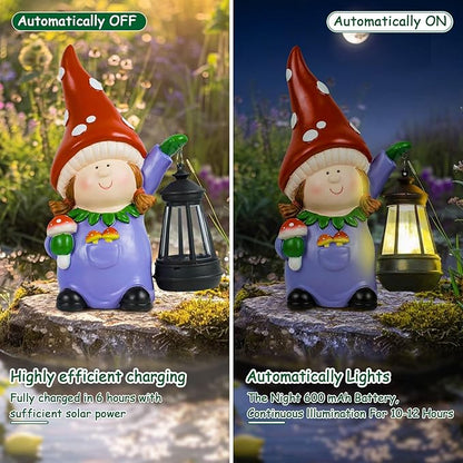 RICHIE Gnome Statue Garden Ornaments Art Outdoor Decoration with Solar Powered LED Lights Decor for Patio,Balcony,Yard, Mum Birthday Gifts, Garden Gifts for Women, Chrismtas Gifts for Mom Grandma