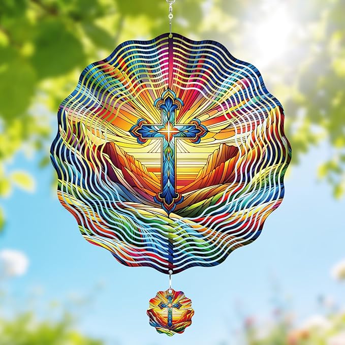 Cross Wind Spinner Outdoor - 12 Inch 3D Christian Cross Hanging Decor, Colorful Christian Metal Spinner Gift, Kinetic Yard Art Ornament for Garden Patio Porch Lawn