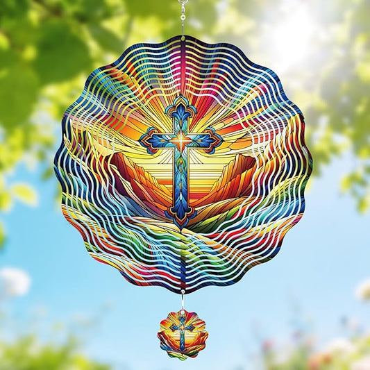 Cross Wind Spinner Outdoor - 12 Inch 3D Christian Cross Hanging Decor, Colorful Christian Metal Spinner Gift, Kinetic Yard Art Ornament for Garden Patio Porch Lawn