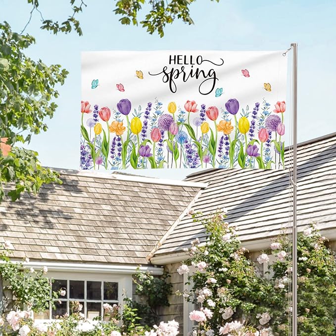 AVOIN colorlife Hello Spring Tulip Lavender House Flag 3x5 FT Double Sided, Seasonal Flower Large Banner Yard Outdoor Flag
