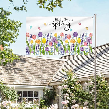 AVOIN colorlife Hello Spring Tulip Lavender House Flag 3x5 FT Double Sided, Seasonal Flower Large Banner Yard Outdoor Flag