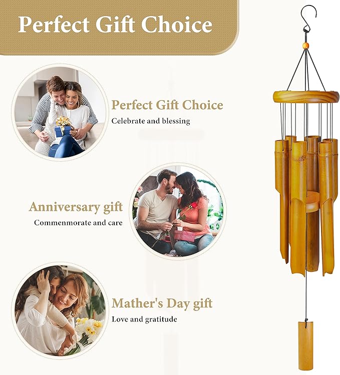 Bamboo Wind Chimes Outdoor, Wooden Wind Chimes for Outside with Melody Deep Tone, Classic Zen Garden Windchime for Relaxation, Grace.Home Décor for Patio, Garden or Indoor
