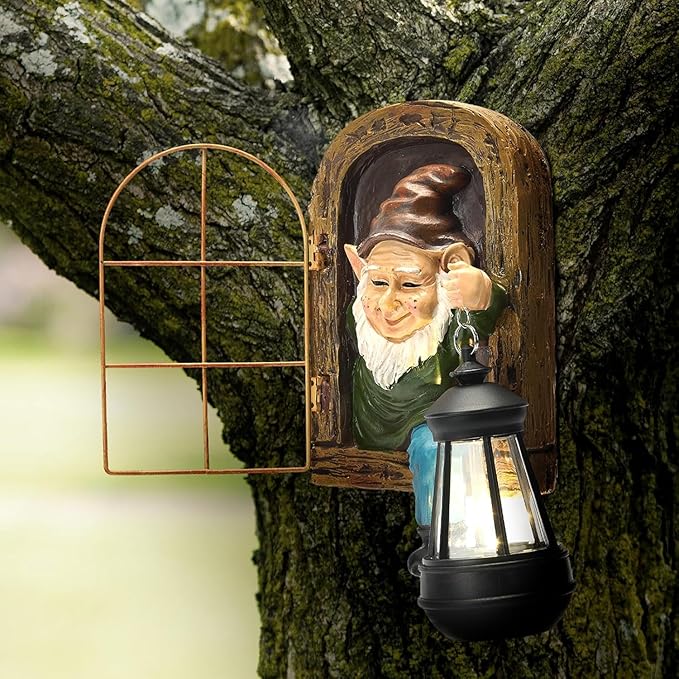 Garden Gnome Decor Outdoor Statue - Gnome With Solar Waterproof Lantern, Whimsical Elf Out The Door Tree Hugger Garden Statues, Home, Fence, Patio, Resin Ornament, Gardening Gift Tree Faces Gnomes