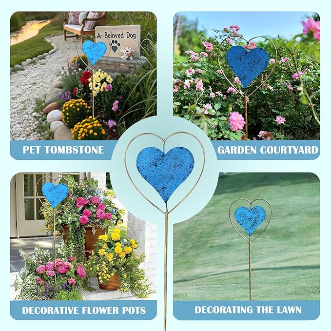 Metal Garden Decor for Outside，Rotating Heart-Shaped Garden Stake, Cemetery Decorations for Grave,Perfect for Planter Decorations, Outdoor Lawn Gardens, Also The Best Choice for Gifts - Blue