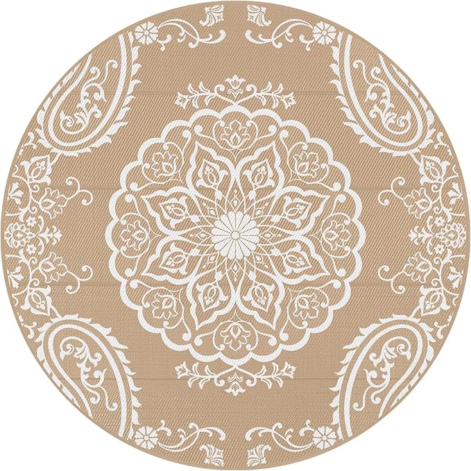 Pauwer Waterproof Outdoor Rug 6ft, Reversible Plastic Straw Patio Camping Rug, Indoor Outdoor RV Mat Carpet for Deck, Camper, Porch, Balcony, Backyard, Picnic, Boho Brown