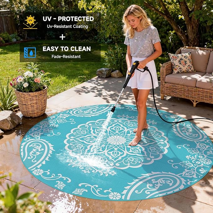 Pauwer Waterproof Outdoor Rug 8ft, Reversible Plastic Straw Patio Camping Rug, Indoor Outdoor RV Mat Carpet for Deck, Camper, Porch, Balcony, Backyard, Picnic, Boho Teal