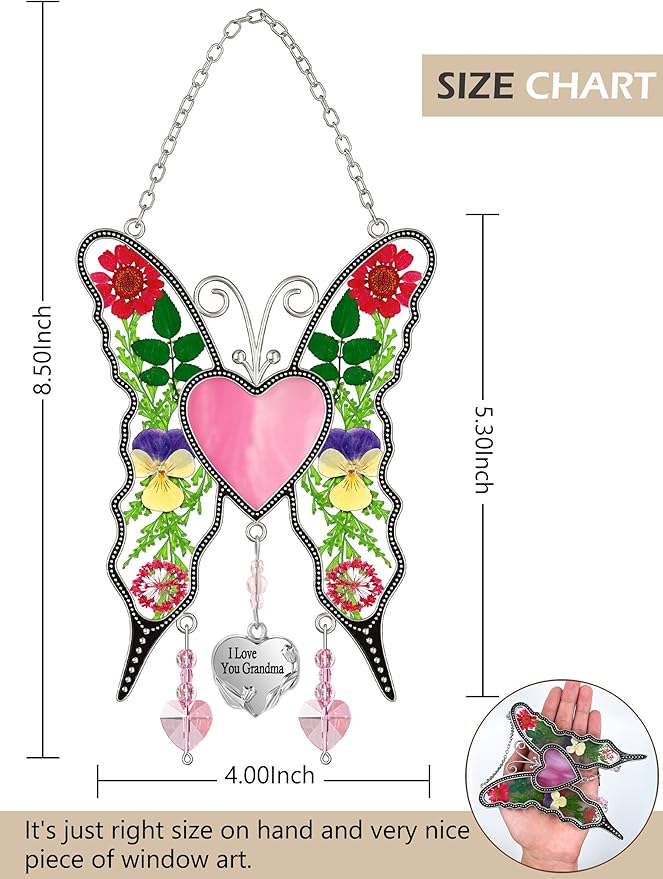 KY&BOSAM Heart Butterfly Suncatcher I Love You Grandma Stained Glass Panels Pink Heart for Windows Wind Chimes Metal Engraved Charm Gifts for Grandma Mothers Day Valentine's Birthday Christmas
